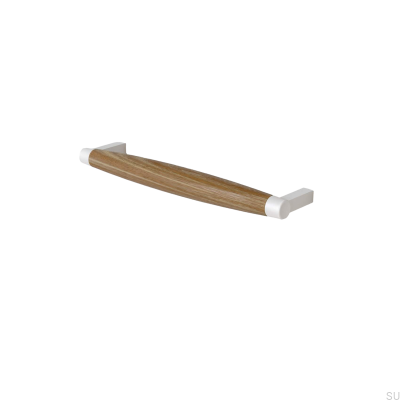 Poignée de meuble oblongue Hjo 192, métal blanc mat et bois de chêne