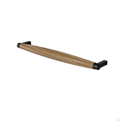 Poignée de meuble oblongue Hjo 256, métal noir mat et bois de chêne