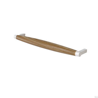 Poignée de meuble oblongue Hjo 256, métal blanc mat et bois de chêne