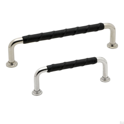 Poignée de meuble allongée 1353 128 Argent Nickel Poli Noir Cuir naturel