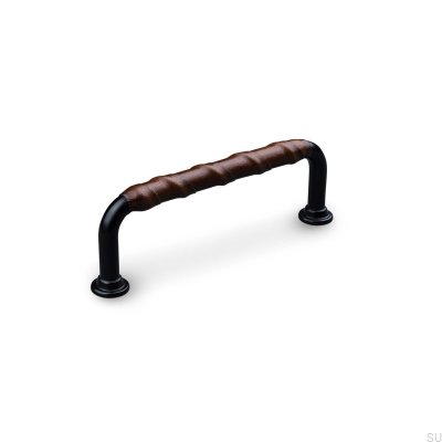 Poignée de meuble oblongue Burano Wrapped 96, métal noir et cuir marron