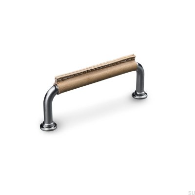 Poignée de meuble cousue Burano 96 argent brossé avec cuir marron clair