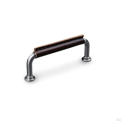 Poignée de meuble oblongue Burano Cousu 96 Argent Brossé avec Cuir Marron