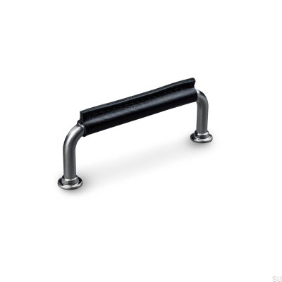 Poignée de meuble oblongue Burano Cousu 96 Argent Brossé avec Cuir Noir