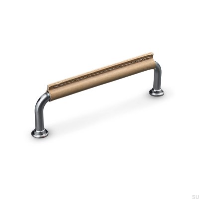 Poignée de meuble cousue Burano 128 argent brossé avec cuir marron clair