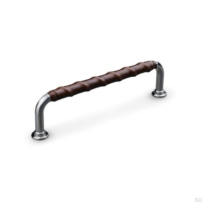 Burano Wrapped 128 poignée de meuble oblongue Argent Brossé avec Cuir Marron