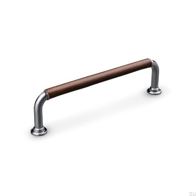 Poignée de meuble oblongue Burano Swept 128 Argent Brossé avec Cuir Marron