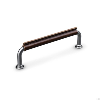 Poignée de meuble oblongue Burano Cousu 128 Argent Cuir Marron Brossé