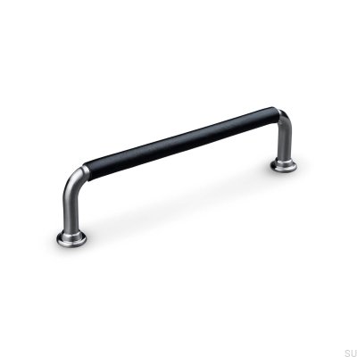 Poignée de meuble oblongue Burano Swept 128 Argent Brossé avec Cuir Noir