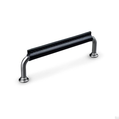 Poignée de meuble oblongue Burano Cousu 128 Argent Brossé avec Cuir Noir