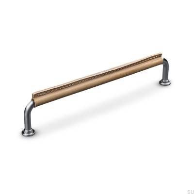 Poignée de meuble oblongue Burano cousue 192 argent brossé avec cuir marron clair