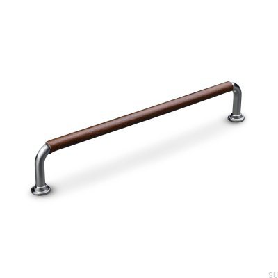 Poignée de meuble oblongue Burano Swept 192 Argent Brossé avec Cuir Marron
