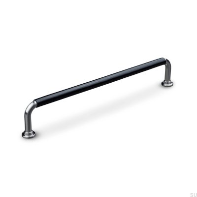 Poignée de meuble oblongue Burano Swept 192 Argent Brossé avec Cuir Noir