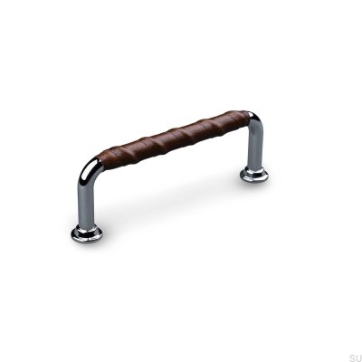 Poignée de meuble oblongue Burano Wrapped 96, chrome poli et cuir marron