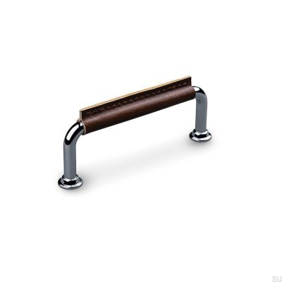 Burano Cousu 96 poignée de meuble oblongue Chrome Poli avec Cuir Marron