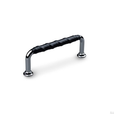 Poignée de meuble oblongue Burano Wrapped 96, chrome poli et cuir noir