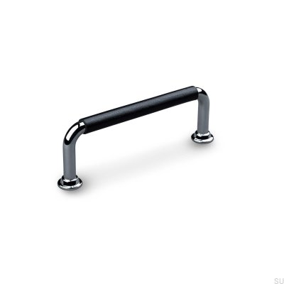 Poignée de meuble oblongue Burano Swept 96, chrome poli avec cuir noir