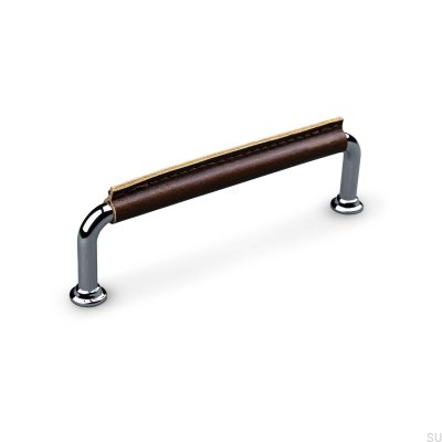 Burano Cousu 128 poignée de meuble oblongue Chrome Poli avec Cuir Marron