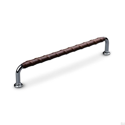 Poignée de meuble oblongue Burano Wrapped 192, chrome poli et cuir marron