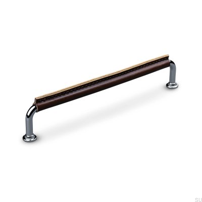Poignée de meuble oblongue Burano Stitched 192 Chrome Poli avec Cuir Marron