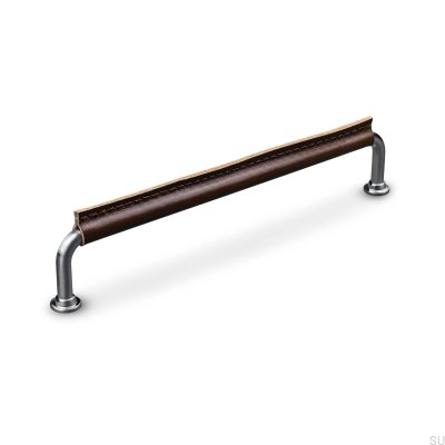 Poignée de meuble oblongue Burano Cousu 192 Argent Brossé avec Cuir Marron