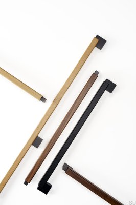 Poignée de meuble oblongue double face Duo Big 480 en bois de noyer italien et aluminium noir