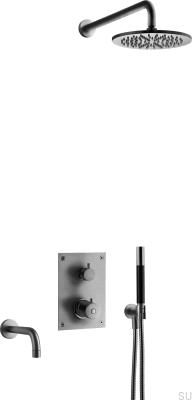 Ensemble de douche avec robinet thermostatique à pression et bec de baignoire BOX7368 ED2 Laiton Noir Chrome Brossé