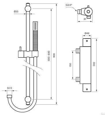Ensemble de douche avec robinet thermostatique EVM168-150+ZSAL300 Laiton Noir Mat