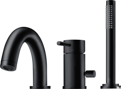 Robinet de baignoire trois trous avec bec et pomme de douche BI047 Laiton Noir Mat