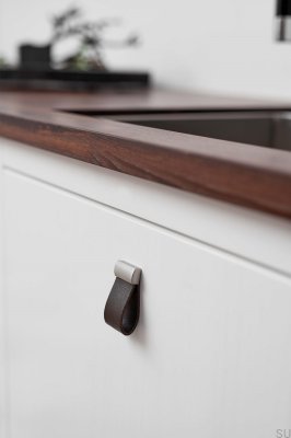 Bouton de meuble Sangle 16 Cuir Marron Foncé avec Argent