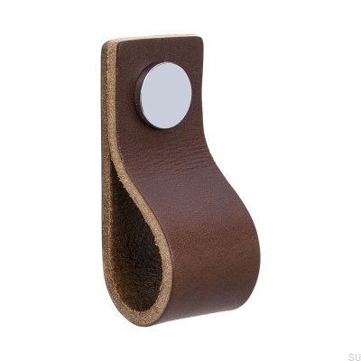 Bouton de meuble Loop 65, cuir marron avec chrome