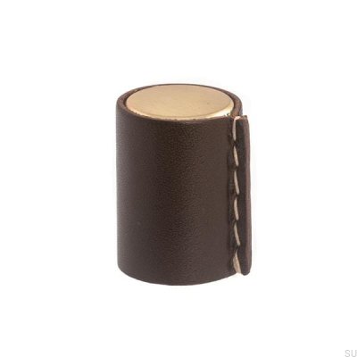 Bouton de meuble Läderknopp Or brossé avec cuir marron