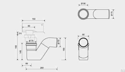 Siphon plastique 75 mm type P horizontal