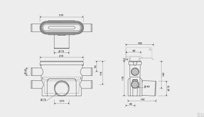 Module de drainage avec sortie horizontale 75 mm avec siphon amovible et quatre raccords latéraux