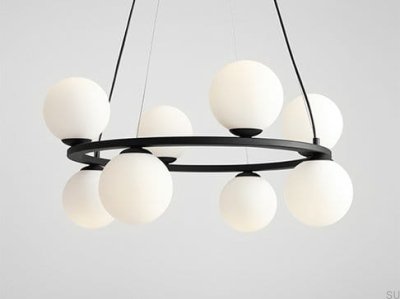Suspension Krone 8 en métal noir avec abat-jour laiteux