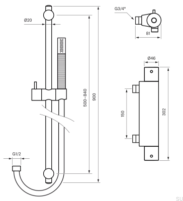 Robinet de douche EVM168 avec ensemble de douche ZSAL300, laiton, noir, chrome brossé