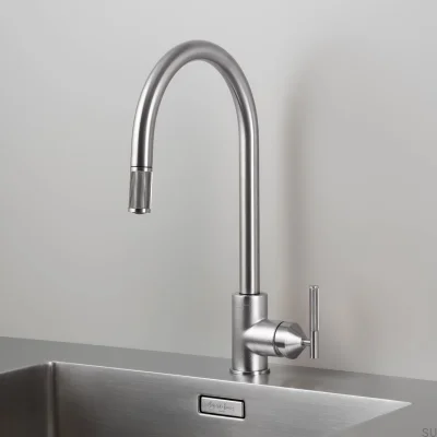 Robinet de cuisine extractible Linear en laiton argenté avec raccord britannique