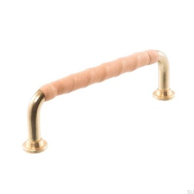 Poignée de meuble oblongue LL 1353 96 Laiton poli avec cuir naturel