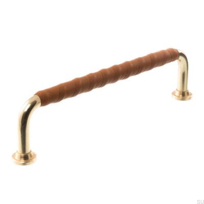 Poignée de meuble oblongue LL 1353 96 Laiton poli et cuir marron