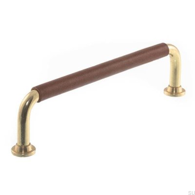 Poignée de meuble oblongue LS 1353 96 Laiton poli avec cuir marron
