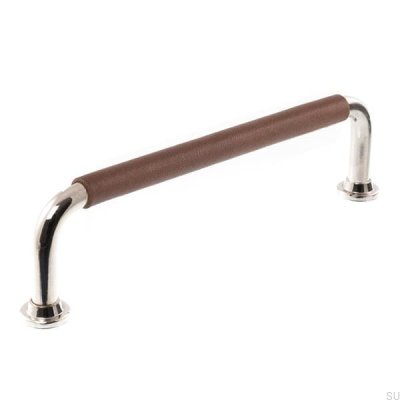 Poignée de meuble oblongue LS 1353 96 Nickel poli avec cuir marron