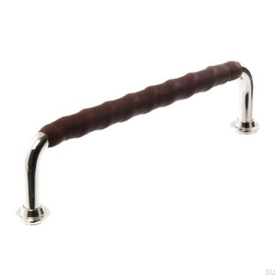 Poignée de meuble oblongue LL 1353 96 Nickel poli avec cuir marron foncé