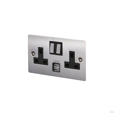 Double prise USB Type G UK 2G en acier argenté conforme aux normes britanniques