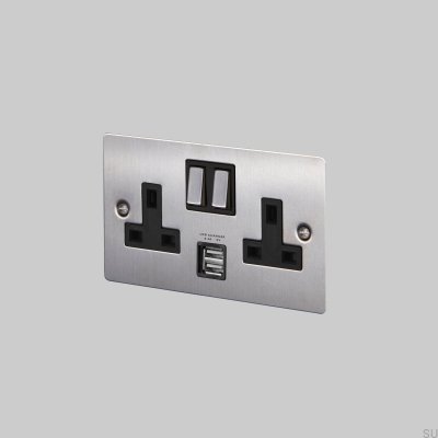 Double prise USB Type G UK 2G en acier argenté conforme aux normes britanniques