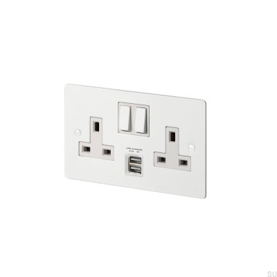 Prise double avec port USB Type G (norme britannique 2G) en acier blanc (norme britannique)