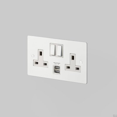 Prise double avec port USB Type G (norme britannique 2G) en acier blanc (norme britannique)