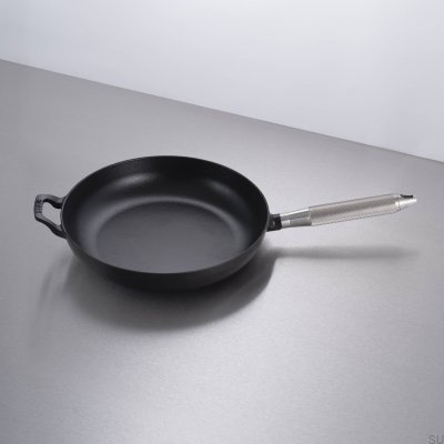 Poêle à frire Staub 28 cm en acier noir avec poignée moletée argentée