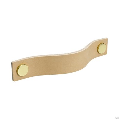 Poignée de meuble longue Loop 128, cuir naturel avec laiton
