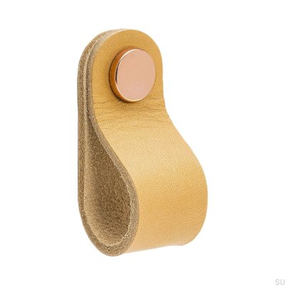Bouton de meuble Loop Round 65, cuir naturel et cuivre