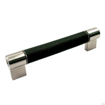 Poignée de meuble allongée 1700 128 Nickel brossé avec cuir noir
